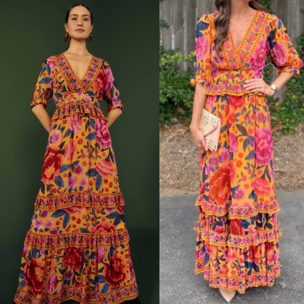 Farm Rio Yellow Floral Dream Short Sleeve Maxi Dress XS